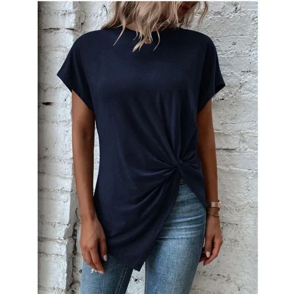 Twist Detail Blue Tee Shirt Short Sleeve Round Neck - Picture 5 of 12